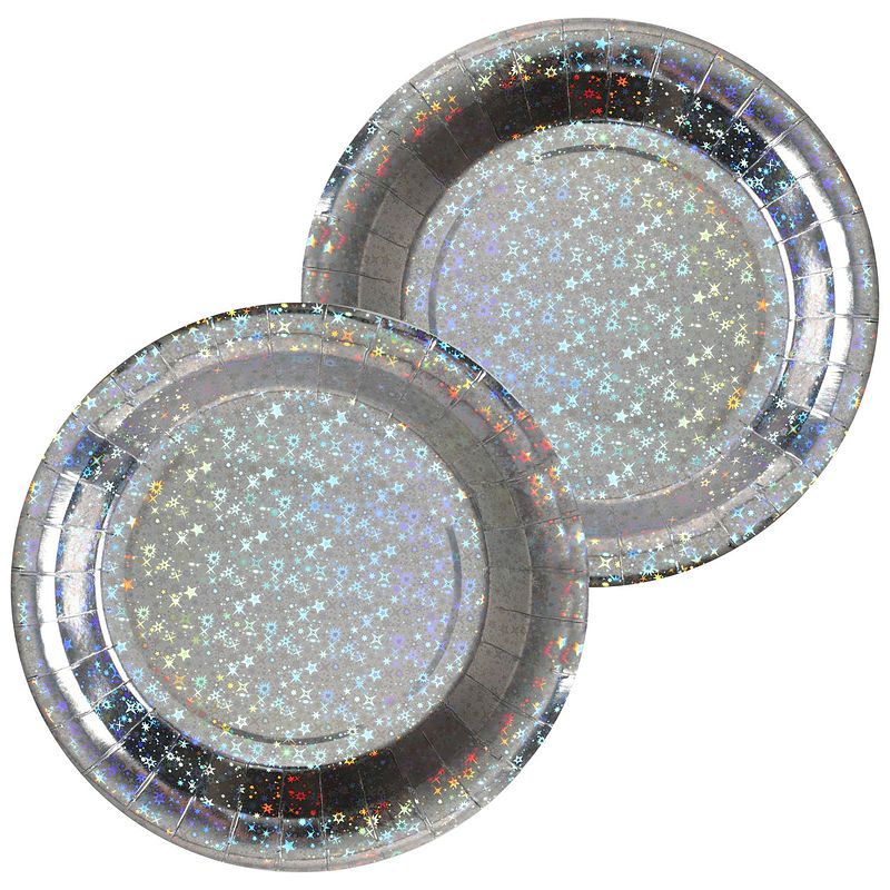 Foto van Santex feest wegwerpbordjes - glitter - 20x stuks - 23 cm - zilver - feestbordjes