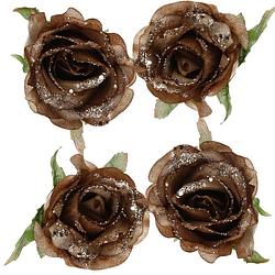 Foto van 4x stuks decoratie bloemen roos goud bruin glitter op clip 10 cm - kersthangers