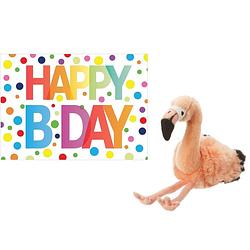 Foto van Pluche knuffel flamingo 18 cm met a5-size happy birthday wenskaart - vogel knuffels
