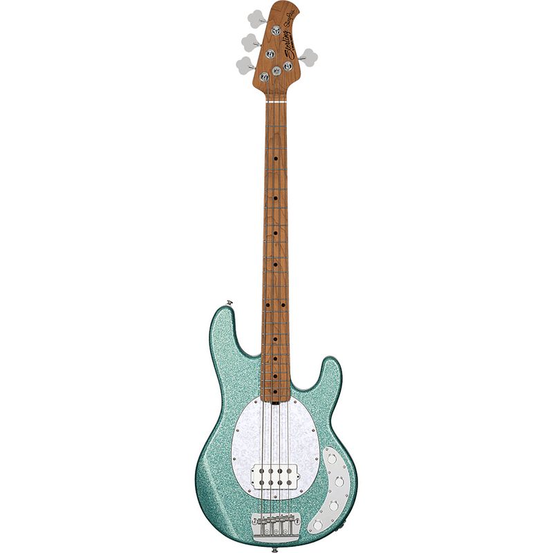 Foto van Sterling by music man stingray ray34 seafoam sparkle elektrische basgitaar met deluxe gigbag