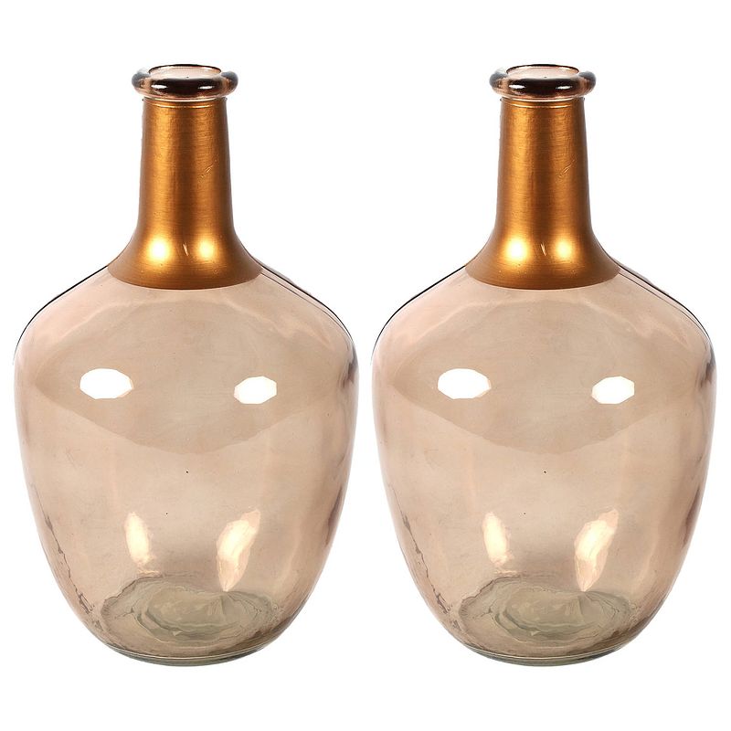 Foto van Bloemenvaas firm big bottle - 2x - beige transparant/koper - glas - d15 x h25 cm - vazen