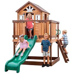 Foto van Backyard discovery echo heights speelhuis op palen en groene glijbaan, speelkeuken, zandbak & veranda speelhuisje voor