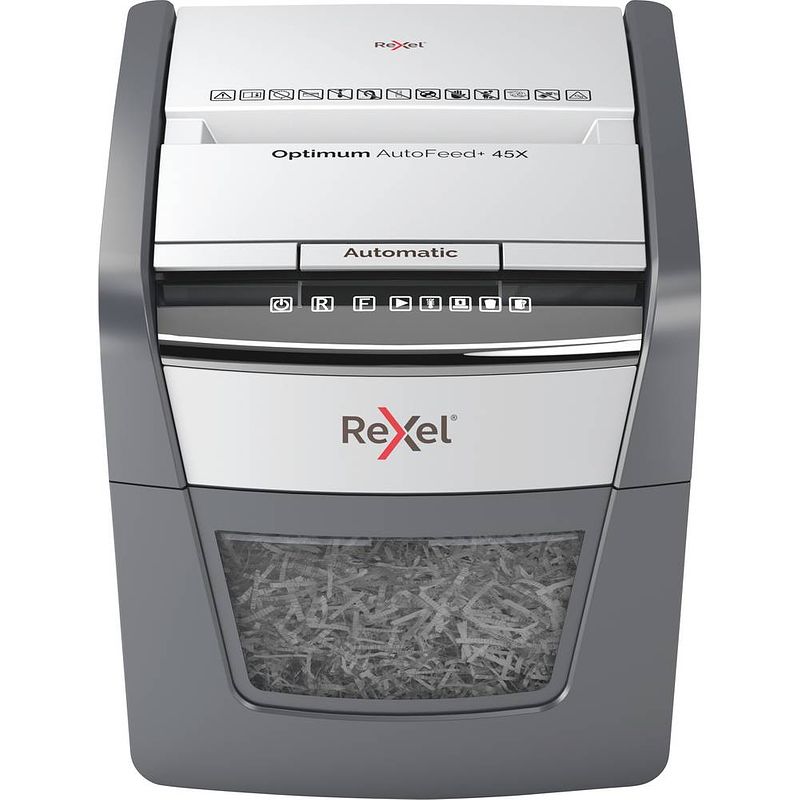 Foto van Rexel optimum autofeed 45x papierversnipperaar cross cut 4 x 28 mm 20 l aantal bladen (max.): 45 veiligheidsniveau 4 ook geschikt voor paperclips, nietjes,