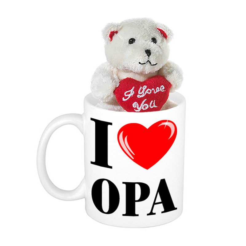 Foto van Opa cadeau i love opa beker / mok 300 ml met beige knuffelbeertje met love hartje - feest mokken