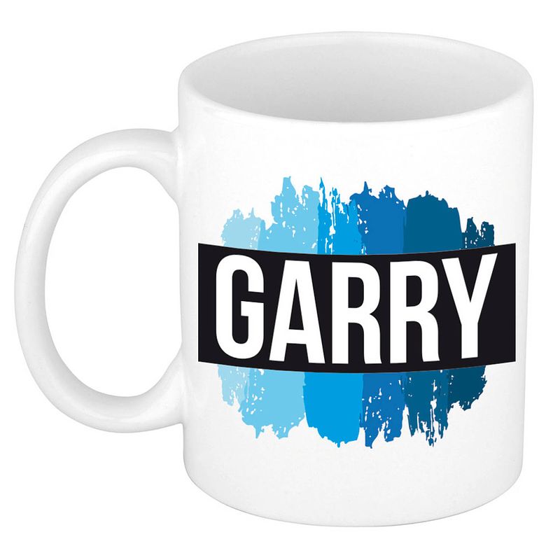 Foto van Naam cadeau mok / beker garry met blauwe verfstrepen 300 ml - naam mokken