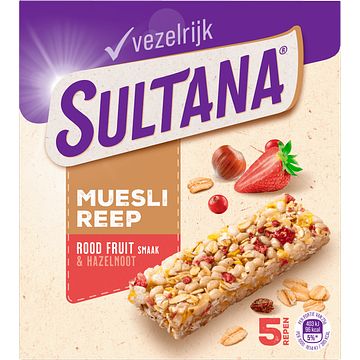 Foto van Sultana mueslireep rood fruit smaak & hazelnoot 5 stuks 125g bij jumbo