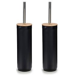 Foto van 2x stuks toiletborstels/wc-borstels met bamboe deksel - kunststof - zwart - toiletborstels