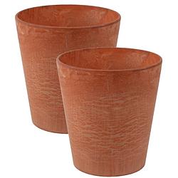 Foto van 2x stuks plantenpot/bloempot in een natuursteen look dia 22 cm en hoogte 20 cm light terra cotta - plantenpotten