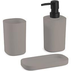 Foto van Msv badkamer accessoires set 3-delig lona -  kunststof - beige - zeeppompje/beker/schaaltje - badkameraccessoireset