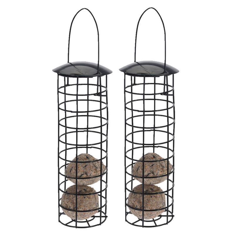 Foto van 2x stuks metalen vogel voeder huisjes voor pindas/vetbollen zwart d7 x h25 cm - vogelvoederhuisjes