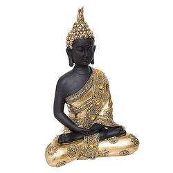 Foto van Atmosphera boeddha beeld zittend - binnen/buiten - polyresin - goud/zwart - 34 cm - beeldjes