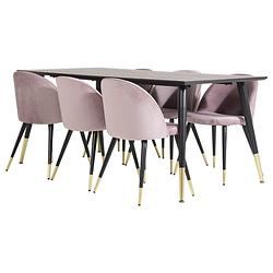 Foto van Dipp180x90blbr eethoek eetkamertafel zwart en 6 velvet eetkamerstal velours roze, zwart, messing decor.