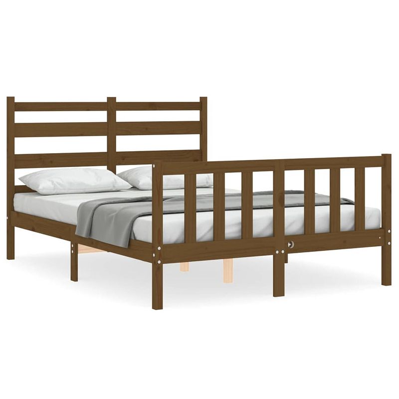 Foto van The living store massief grenenhouten bedframe - honingbruin - 206 x 145.5 x 100 cm - met multiplex lattenbodem -