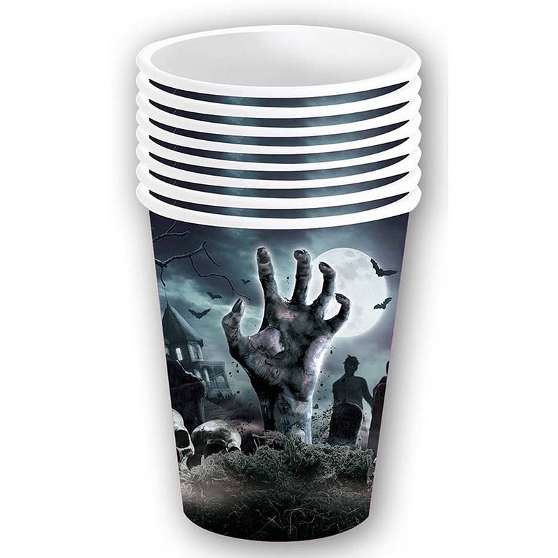 Foto van Halloween/horror begrafenis feest bekers - 6x - zwart - papier - 240 ml - feestbekertjes