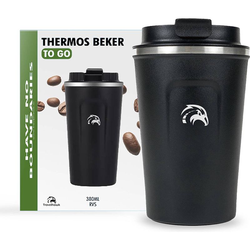 Foto van Travelhawk rvs koffiebeker to go - thermosbeker - theebeker - 380ml - zwart