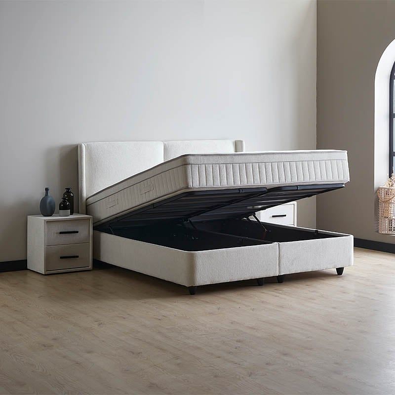 Foto van 2-persoons boxspring met opbergruimte ruby - wit 160x200 cm - pocketvering - inclusief topper - dekbed-discounter.nl