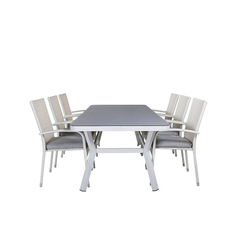 Foto van Virya tuinmeubelset tafel 100x200cm en 6 stoel anna wit, grijs.