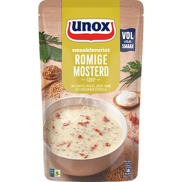 Foto van 2 zakken soep a 570 ml, pakken cupasoup a 3 stuks of single verpakkingen noodles of pasta | unox smaakfavoriet soep in zak romige mosterd 570ml aanbieding bij jumbo