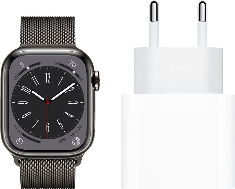 Foto van Apple watch series 8 4g 41mm grafiet rvs milanese polsband + oplader