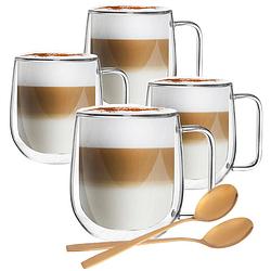 Foto van Dubbelwandige koffieglazen met oor - cappuccino glazen - 300 ml - 4 stuks + gratis lepels