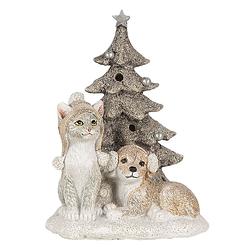 Foto van Clayre & eef kerstdecoratie beeld honden en kat 11*9*15 cm led wit grijs kunststof decoratief figuur decoratieve