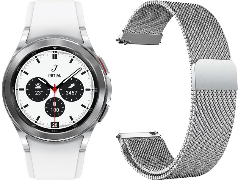 Foto van Samsung galaxy watch4 classic 42mm zilver+just in case samsung milanees bandje zilver 20mm