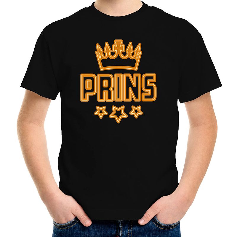 Foto van Koningsdag t-shirt - prins - voor jongens - zwart 122-128 (s) - feestshirts