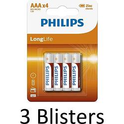 Foto van 12 stuks (3 blisters a 4 st) philips longlife aaa batterijen