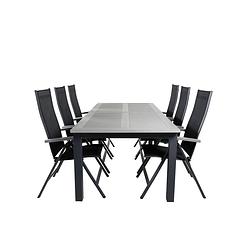 Foto van Albany tuinmeubelset tafel 100x224/324cm en 6 stoel l5pos albany zwart, grijs.