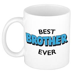 Foto van Best brother ever cadeau mok / beker wit met blauwe cartoon letters 300 ml - feest mokken