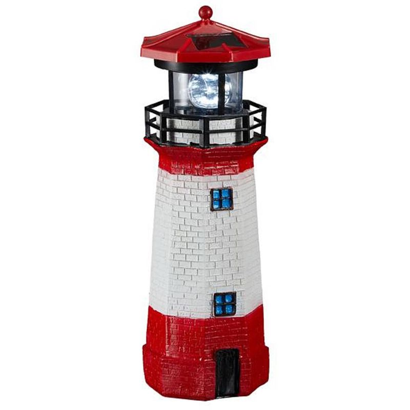 Foto van Rode/witte vuurtoren beeldje met solar licht 28 cm maritieme decoratie - beeldjes