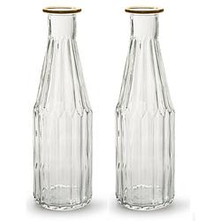 Foto van Jodeco - bloemenvaas marseille - 2x - fles model - glas - transparant/goud - h25 x d7 cm - vazen