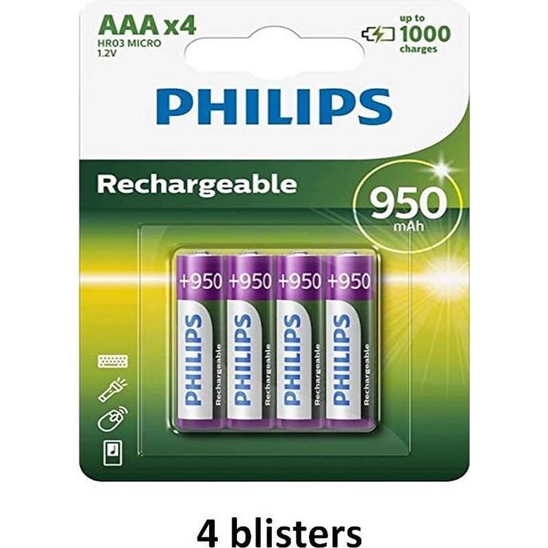 Foto van Philips aaa oplaadbare batterij - 950mah - 16 batterijen ( 4 blisters a 4 stuks )