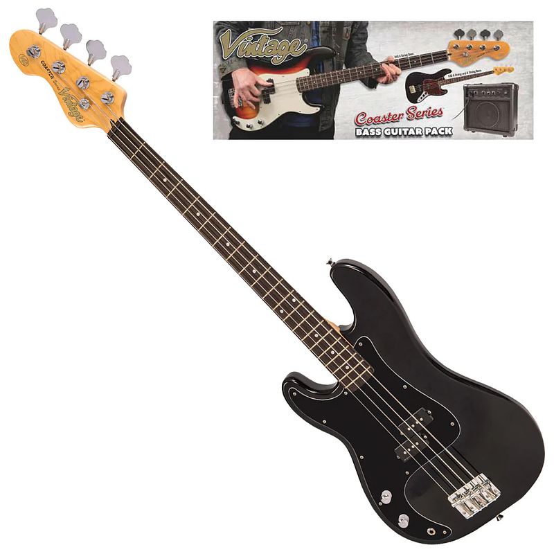 Foto van Vintage vip-lhv40blk coaster series gloss black bass pack linkshandige elektrische bas set met versterker