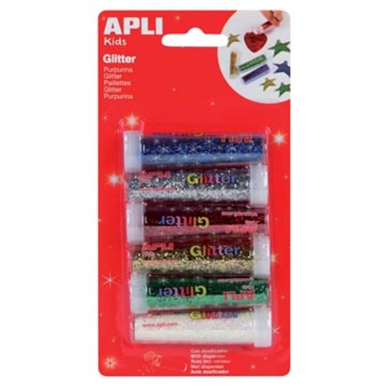 Foto van Apli kids glitterpoeder, blister met 6 tubes in geassorteerde kleuren