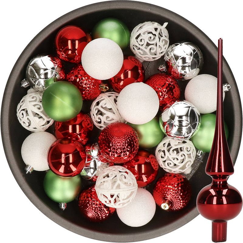 Foto van 37x stuks kunststof kerstballen 6 cm incl. glazen piek wit-rood-zilver-groen - kerstbal