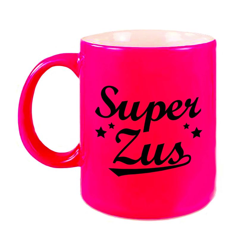 Foto van Super zus cadeau mok / beker neon roze met sterren 330 ml - feest mokken