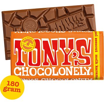 Foto van 2 voor € 4,50 | tony's chocolonely zeezout melk karamel chocolade reep 180g aanbieding bij jumbo