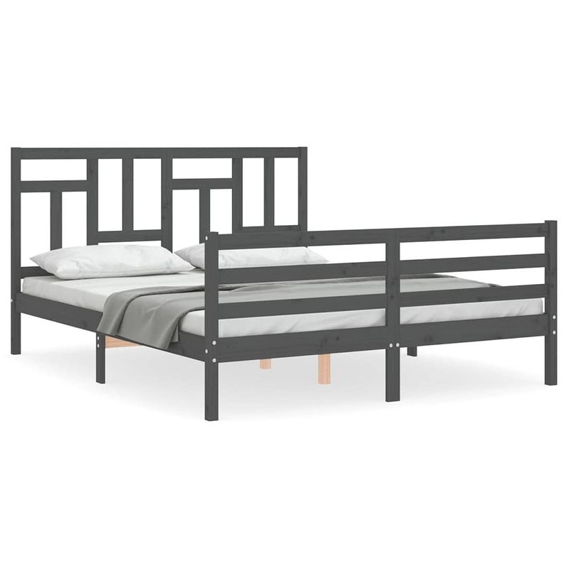 Foto van The living store houten bedframe - grijs - 205.5 x 165.5 x 100 cm - massief grenenhout - multiplex lattenbodem