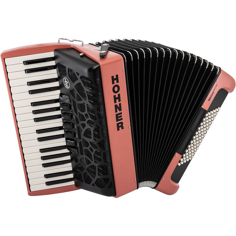 Foto van Hohner bravo iii 72 mycolor silent key fire accordeon