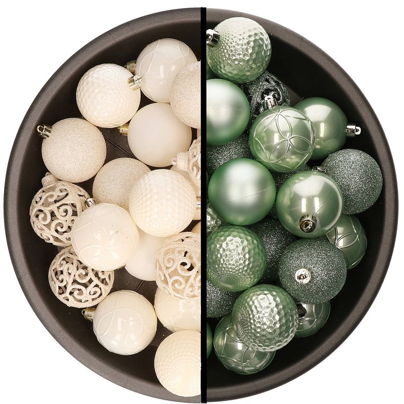 Foto van Kerstballen - 74x stuks - wol wit en mintgroen - 6 cm - kunststof - kerstbal