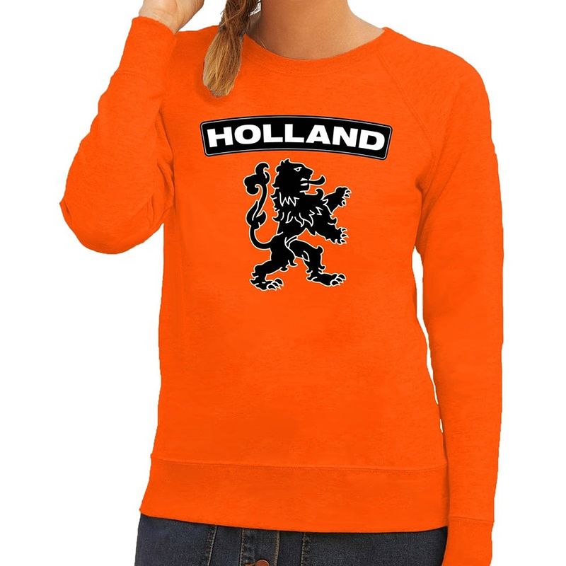 Foto van Oranje holland zwarte leeuw sweater / trui dames - oranje koningsdag/ supporter kleding xl