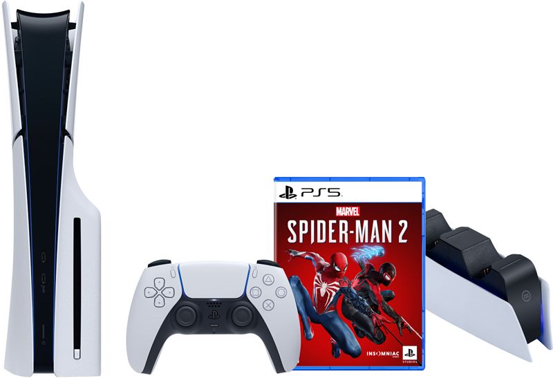 Foto van Playstation 5 slim disc edition + spider-man 2 + oplaadstation