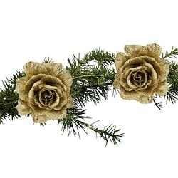 Foto van 2x stuks kerstboom bloemen roos goud glitter op clip 10 cm - kunstbloemen