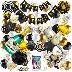 Foto van Fissaly® 76 stuks goud, zwart & wit decoratie feestpakket met papieren confetti ballonnen - feest versiering - latex