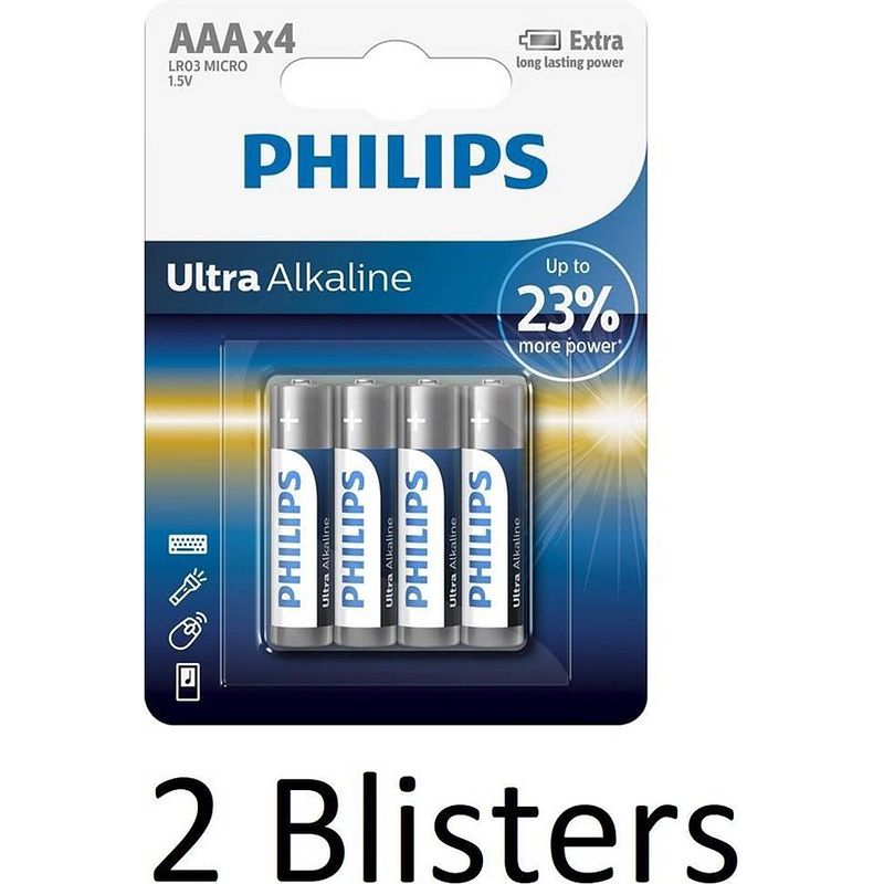 Foto van 8 stuks (2 blisters a 4 st) philips aaa ultra alkaline batterijen