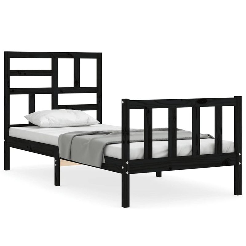 Foto van The living store massief grenenhouten bedframe - 195.5 x 80.5 x 104 cm - zwart - multiplex lattenbodem