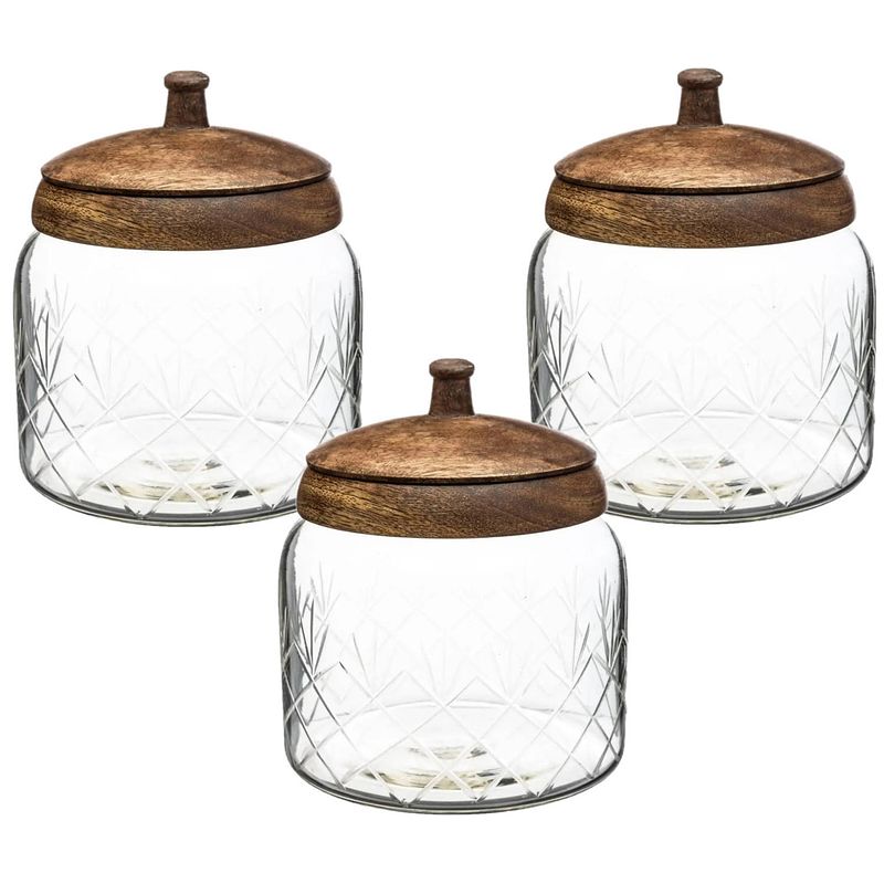 Foto van 3x stuks snoeppotten/voorraadpotten 1,2l glas met houten deksel - voorraadpot