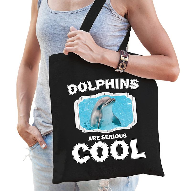 Foto van Katoenen tasje dolphins are serious cool zwart - dolfijnen/ dolfijn cadeau tas - feest boodschappentassen