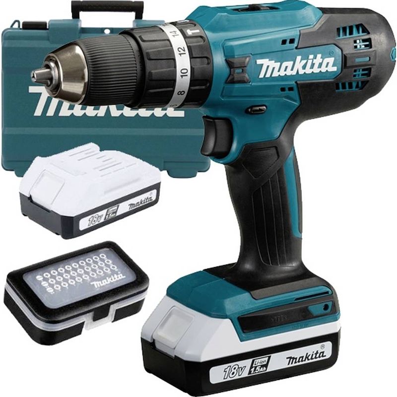 Foto van Makita hp488d011 accu-klopboor/schroefmachine 18 v 1.5 ah li-ion incl. 2 accus, incl. lader, incl. koffer, incl. accessoires